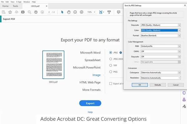 adobe acrobat dc great converting options