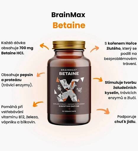 BrainMax Betain HCl a hořec žlutý 90 kapslí