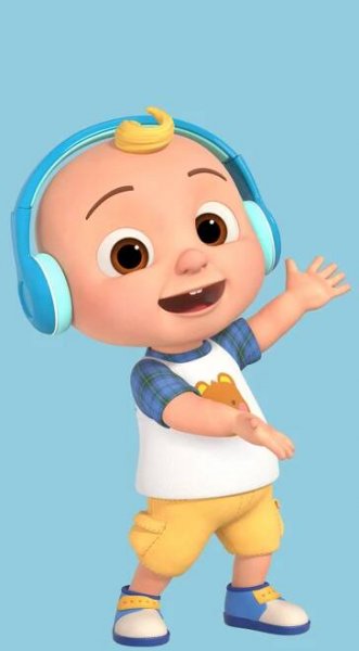 JJ wearing blue headphones, a white shirt with a bear, and yellow shorts, dancing to an educational song.