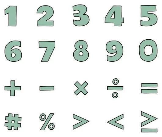 Ručně kreslené latinské abecedy od 0 do 9 a matematické symboly. Ikony v kresleném stylu. Vektorová ilustrace — Ilustrace