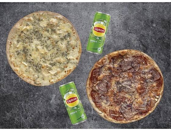33cm 16. Šteffi pizza + 33. Quatro Formaggi + 2x Lipton - zelený