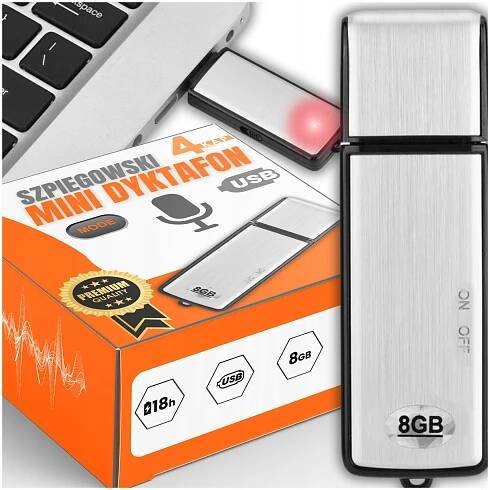 MINI ŠPIONÁŽNÍ DIKTAFON ODPOSLECH FLASH DISKRÉTNÍ USB REKORDÉR 2v1