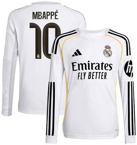 Kylian Mbappé Real Madrid adidas Youth 2025/26 Home Replica Long Sleeve Player Jersey - White