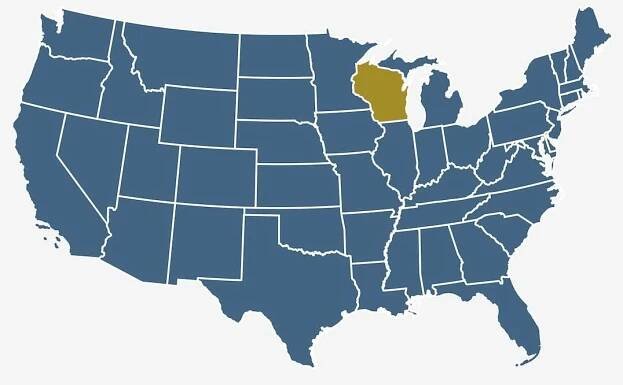 A map of the United States with the state of Wisconsin highlighted in yellow.