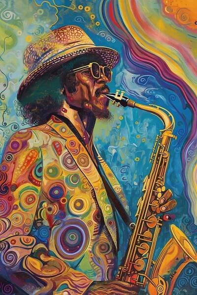 Bezplatný obrázek: Afroamerický muž hrající na saxofon, barevný ilustrační plakát v retro stylu jazzové hudby 70. let