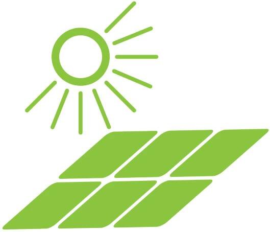 The image depicts a stylized yellow sun with rays above a row of green solar panels, symbolizing solar energy, on a black background.