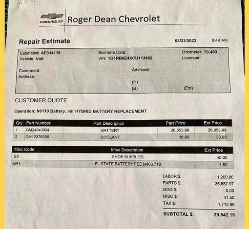 Is This Estimate for a Chevy Volt Hybrid Battery Replacement Real?
