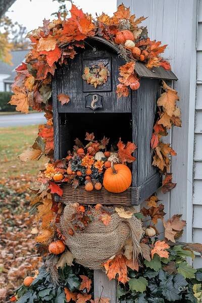 ALT: A rustic mailbox covered with autumn leaves and decorated with pumpkins, gourds, and a burlap bow, evoking a cozy fall atmosphere.
