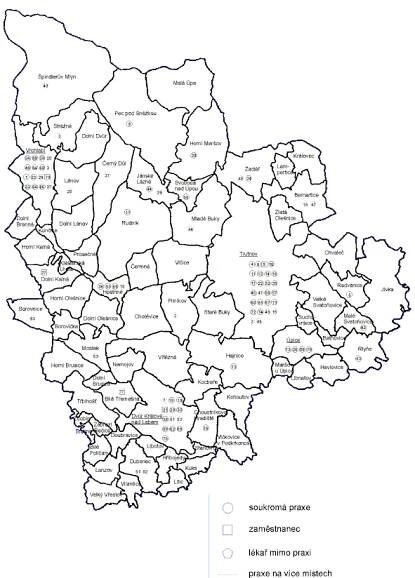 Mapa rozmístění lékařů OSK v okrese Trutnov - po ťuknutí se nahraje ve větším rozlišení