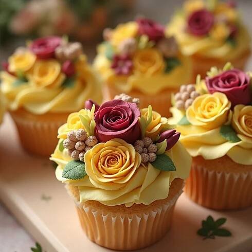 cupcakes with yellow frosting and red flowers on top are sitting on a tray