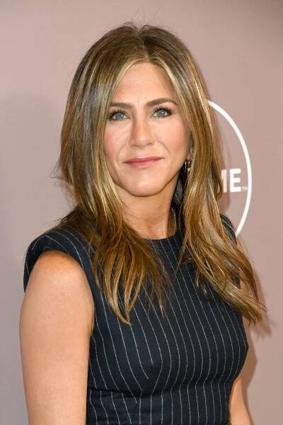 Jennifer Aniston in a pinstripe dress