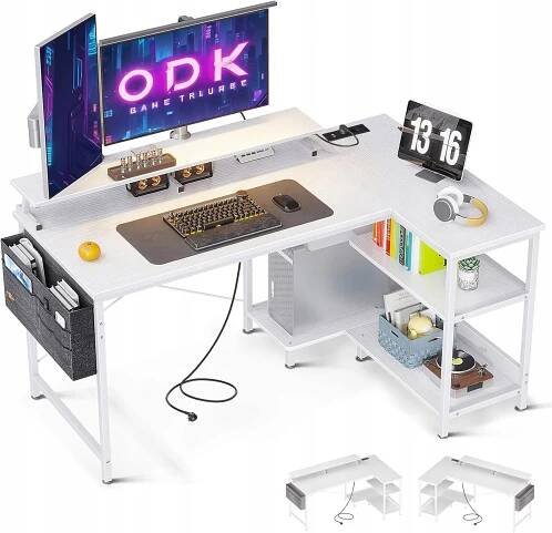 ODK rohový psací stůl 120 x 80 cm, bílý, s USB a zásuvkou pro kancelář a hry OUTLET
