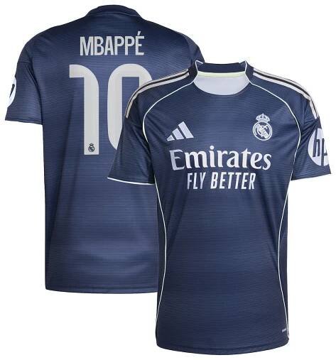 Real Madrid adidas Away Shirt 2025-26 with Mbappé 10 printing