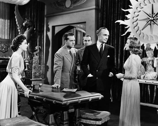 WHISTLING IN THE DARK, from left: Ann Rutherford, Red Skelton, Don Douglas (rear), Conrad Veidt, Virginia Grey, 1941