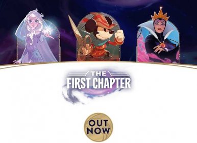 Decorative header image showing three characters (left to right: elsa, mickey, queen grimhilde) and a logo that says THE FIRST CHAPTER.