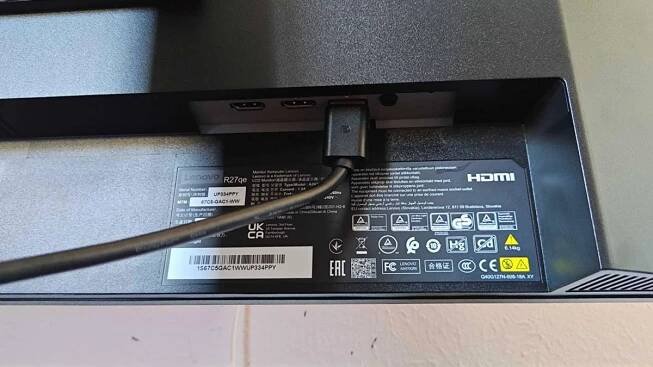 Close up of Lenovo Legion R27qe monitor ports with DisplayPort connected.