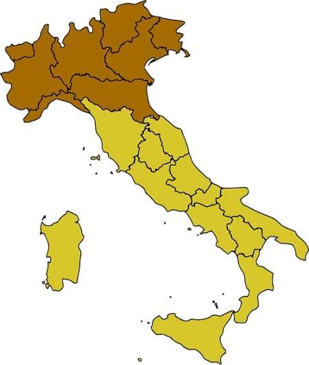 Oblast severní Itálie znázorněná hnědou barvou