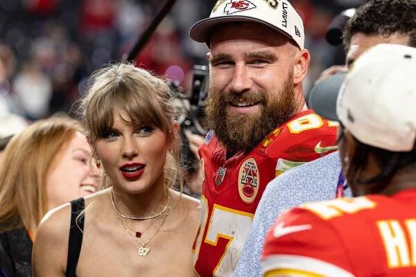 Travis Kelce and Taylor Swift  following the NFL Super Bowl at Allegiant Stadium on February 11, 2024 in Las Vegas, Nevada. (