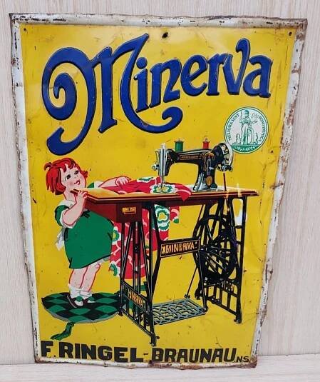 Stará plechová cedule, Minerva šicí stroj, F.Ringel Braunau