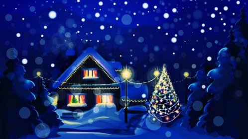 Kreslená pohlednice zobrazující zasněženou noční krajinu se svítícím domem a venkovním vánočním stromem.