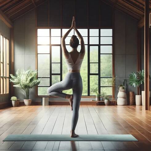 žena kraktikující pozici stromu vrikshasana doma v obýváku