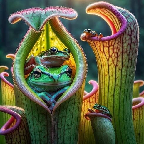 Frog nestled in pitcher plant showcasing unique relationship between plants and amphibians, illustrating frog survival and symbiosis in pitcher plants habitat.