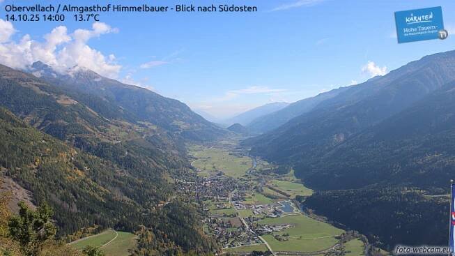 Das Bild zeigt die Aufnahme der Webcam vom GAsthof Himmelbauer in Overvellach. Man sieht das gesamte untere Mölltal mit dem Danielsberg auf welchem sich der Klettergarten Danielsberg befindet.