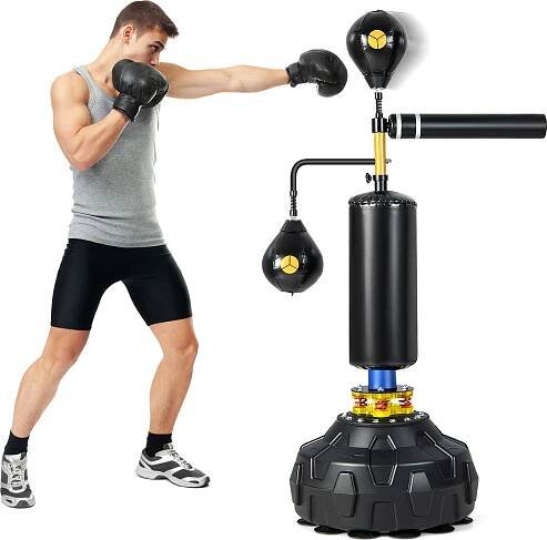 Boxovací míč COSTWAY na stání, 360° reflexní tyč, výškově nastavitelný boxovací pytel na stání se 2 rychlostními míči, boxerský rychlostní trenažér pro box a MMA