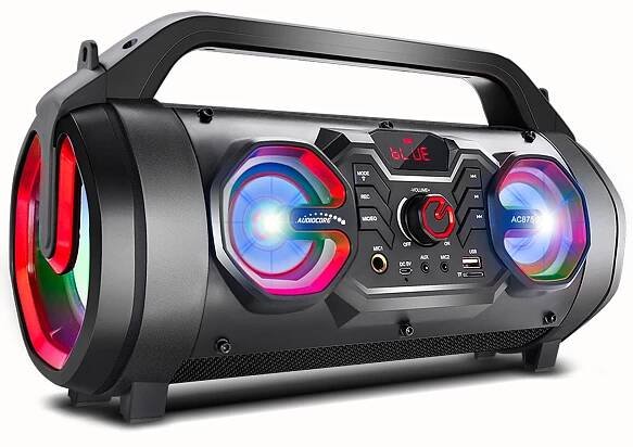 Přenosný Bluetooth reproduktor Audiocore AC875 Bazooka Boombox 30W (20W + 5Wx2) IPX4 odolný proti stříkající vodě / rádio / microSD / Aux-In / USB / osvětlení / port pro mikrofon