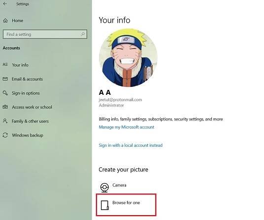 profile picture change page in settings app windows 10 22h2