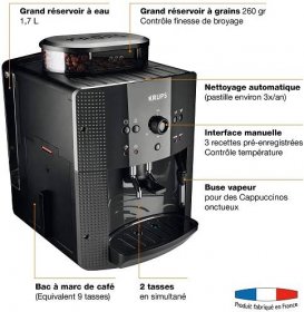 KRUPS Machine a café grain, 1.7 L, Cafetiere espresso, Buse vapeur pour Cappuccino, 2 tasses en simultané, Essential YY8125FD