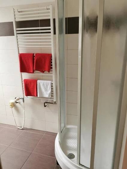 a bathroom with a shower with red towels on a shelf at Penzion Mia in Dolní Moravice