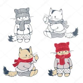 Stáhnout - Vektorové Sada vtipné kreslené kočky v pletených šatech, izolovaný od pozadí. Monochromatické a barevné verze. Ručně kreslené ilustrace. — Ilustrace