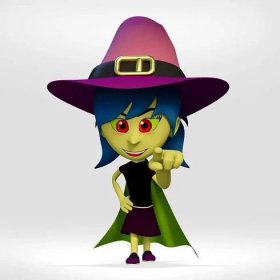 Halloween dívka oblečená v čarodějnice na bílém pozadí. 3D kreslený obrázek — Stock obrázek