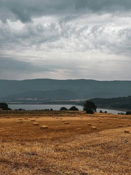 bezplatná Klidná venkovská krajina s balíky sena a horami pod zataženou oblohou. Základová fotografie