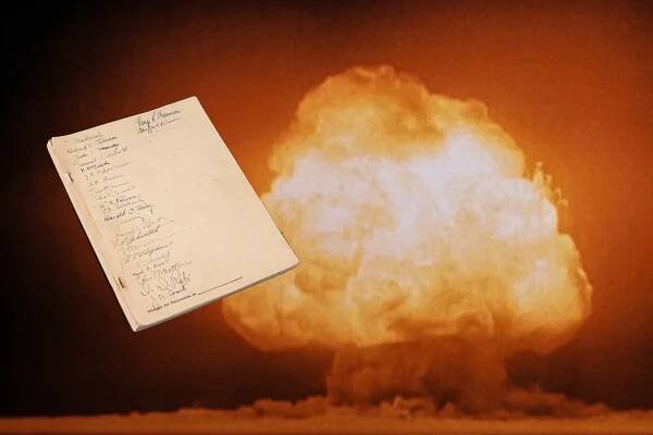 The Manhattan_Project document is dated 1 July 1945 and entitled "Atomic Bombs: A General Account of the Development of Methods of Using Atomic Energy for Military Purposes Under the Auspices of the United States Government, 1940-1945." It is signed by all the key scientists including J. Robert Oppenheimer and Nobel Prize winners Enrico Fermi, Ernest Lawrence, James Chadwick, Harold Urey, and Isidor I. Rabi.