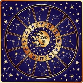 Stáhnout - Horoskop kruh s příznaky zvěrokruhu a konstelací zvěrokruhu. Uvnitř symbolu slunce a měsíce. Obrázek retro stylu — Stock obrázek