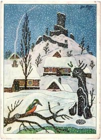 Josef Lada - zimní vesnická idylka, kreslená /Z1638