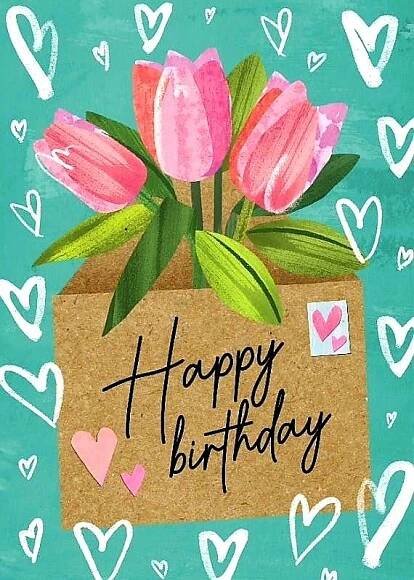 a card with pink tulips in a cardboard box and hearts on the background