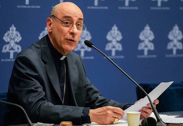 Cardinal Víctor Manuel Fernández, prefect of the Dicastery for the Doctrine of the Faith, speaks at a news conference to present the dicastery's declaration, Dignitas Infinita  ('Infinite Dignity'), on human dignity at the Vatican press office