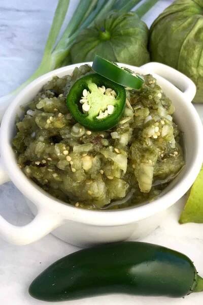 Salsa Verde topped with jalapeno peppers.