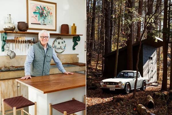 Tom Morton drew on experience in construction and home decor to design a streamlined house. His kitchen doesn’t even have an oven. Beside his vintage car, a shed (right) mimics the silhouette of the main house.