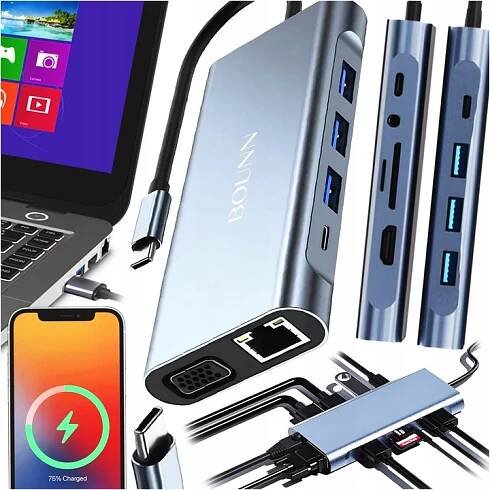 ADAPTÉR ROZDVOJKA HUB USC C USB 3.0 SD HDMI VGA 4K LAN RJ45 USB 2.0 x2