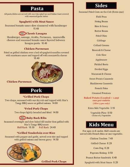 Menu – McLean's Ole Time Cafe