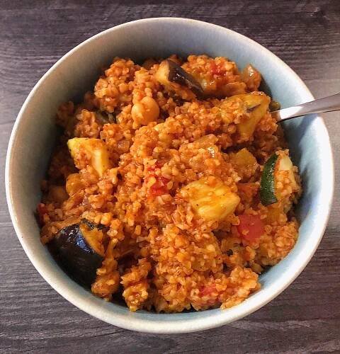 Red Bulgur with Eggplant & Chickpeas (Shulbato)