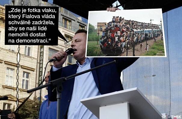Svolavatel protivládních demonstrací Jindřich Rajchl na facebooku oznámil, že vláda zabránila příjezdu vlaku z Českých Budějovic do Prahy, aby se lidé nemohli zúčastnit demonstrace. A už má i důkaz. Další koláž TMBK pro SZ.
