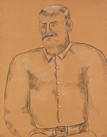 A sketch of a stern-looking man with a prominent mustache, wearing a buttoned shirt and a belt, drawn on orange paper with black and white shading.
