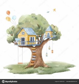 Krásná stock ilustrace s akvarelem ručně kreslený strom dům. Stock Ilustrace od ©ZeninaAsya#552381032