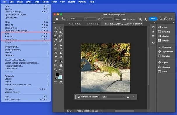 Možnosti uložení v nabídce Soubor aplikace Photoshop.