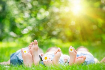 Stáhnout - Rodina ležet na trávě v parku na jaře — Stock obrázek